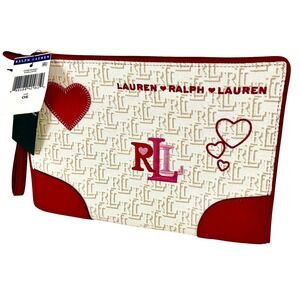 NEW Lauren Ralph Lauren RL Heart Monogram Wristlet Clutch Cream Red NWT